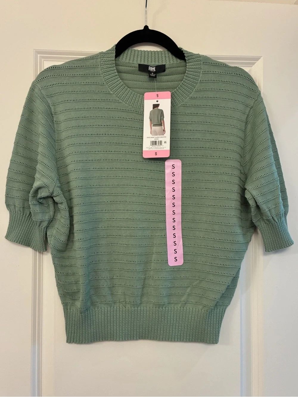 NWT Frye Short Sleeve Pointelle‎ Cropped Silhouette Sweater Green Women’s Small